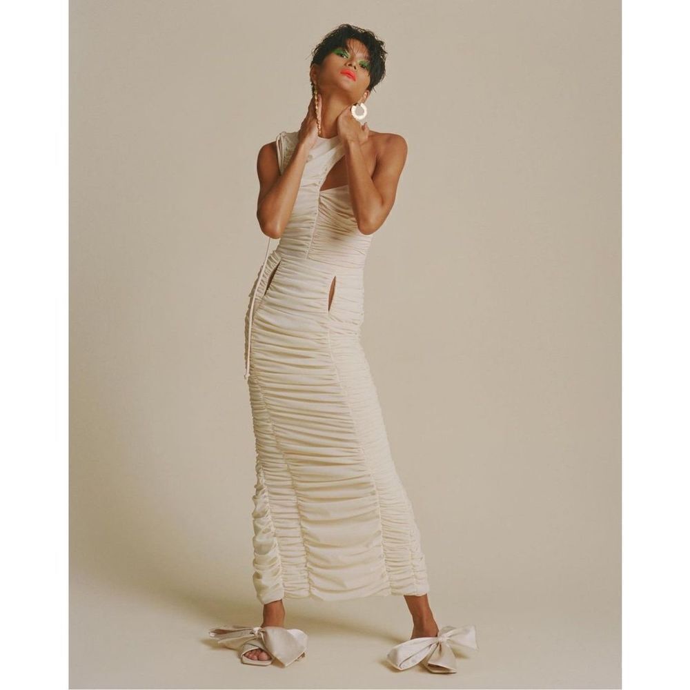 Harbison Supernova One Shoulder Cutout Ruched Jersey Maxi Dress Ivory Size XS